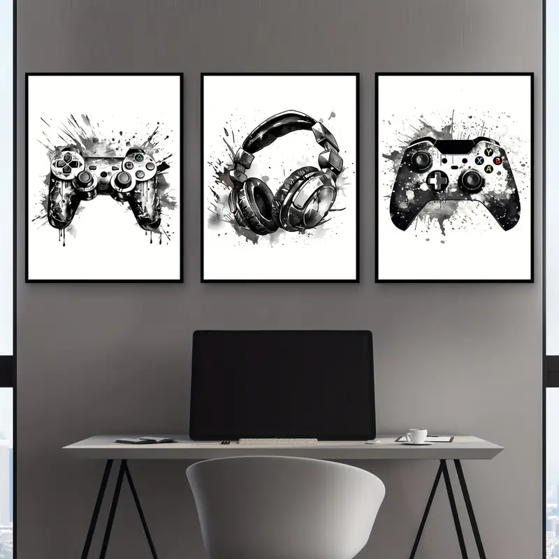 Gaming Accessories Decor - 3枚組フレームレスキャンバス絵画 3枚セット ゲーミンググラフィティ ゲームパッド イヤホン 面白いウォールアート