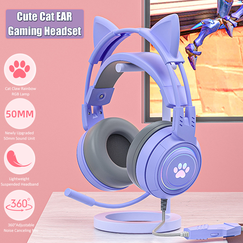 Gaming Accessories Monitor - マイク付きのかわいい猫の耳のゲーミングヘッドフォン,RGBのノイズリダクション,ピンクの女の子用ヘッドセット,ゲーマー,PS4用アクセサリー,Xbox,電話,PC,子供向けギフト